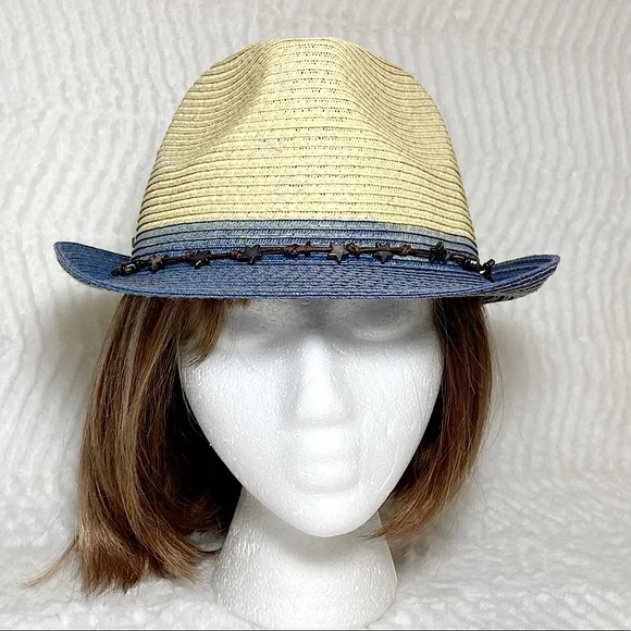 San Diego Hat Straw Fedora Blue Brim Star Adjustable Band - Picture 2 of 14